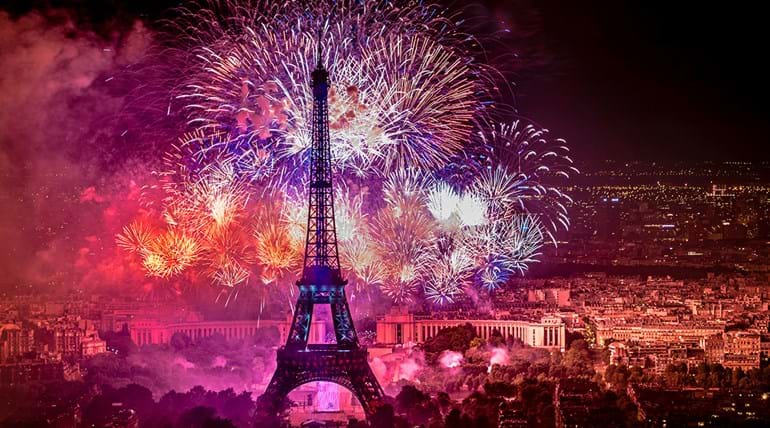 Eiffel Tower in Paris with Bastille Day fireworks